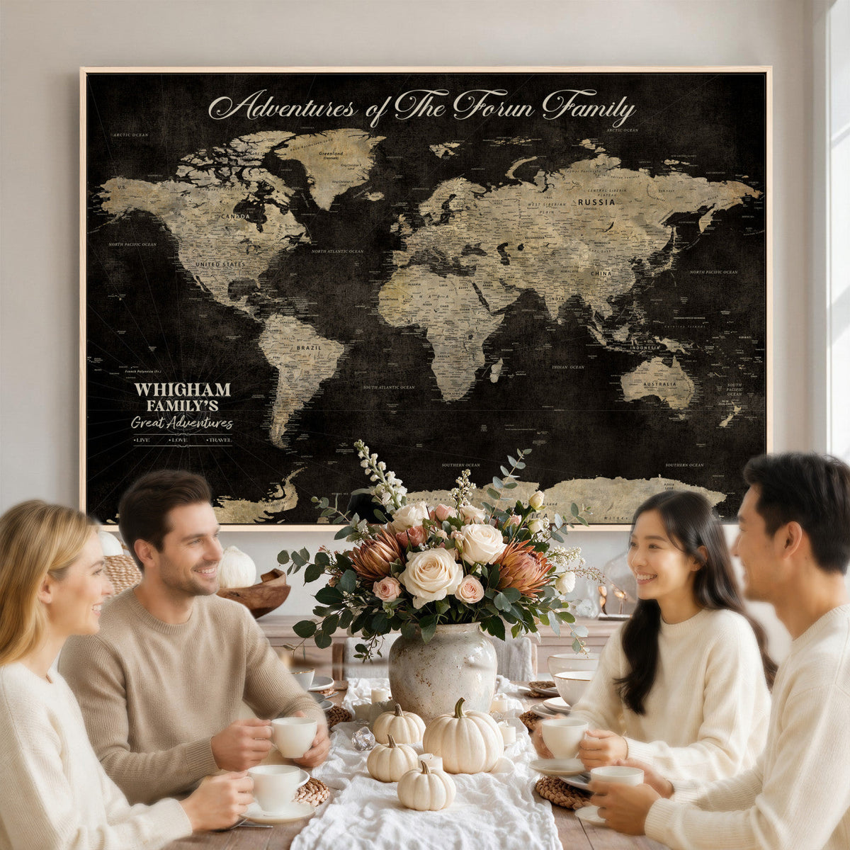 Personalized Framed Black Modern World Map Canvas with Push Pins, Next Trip Planner Map, Dining Room and Home Office Decor