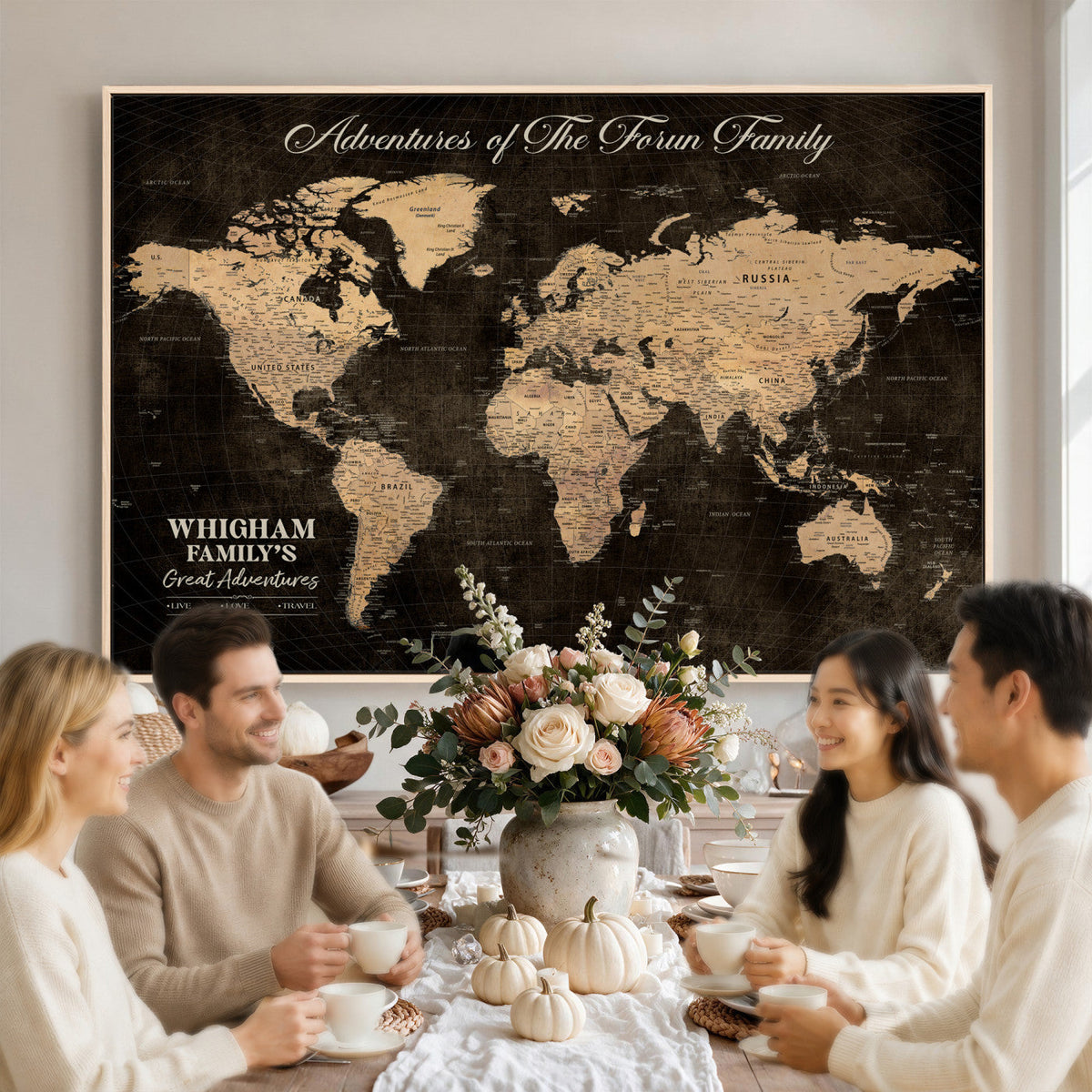 Personalized Framed Beige Geometric Push Pin Travel Map Canvas Print, Honeymoon and Anniversary Gift, Dining Room and Hallway Decor