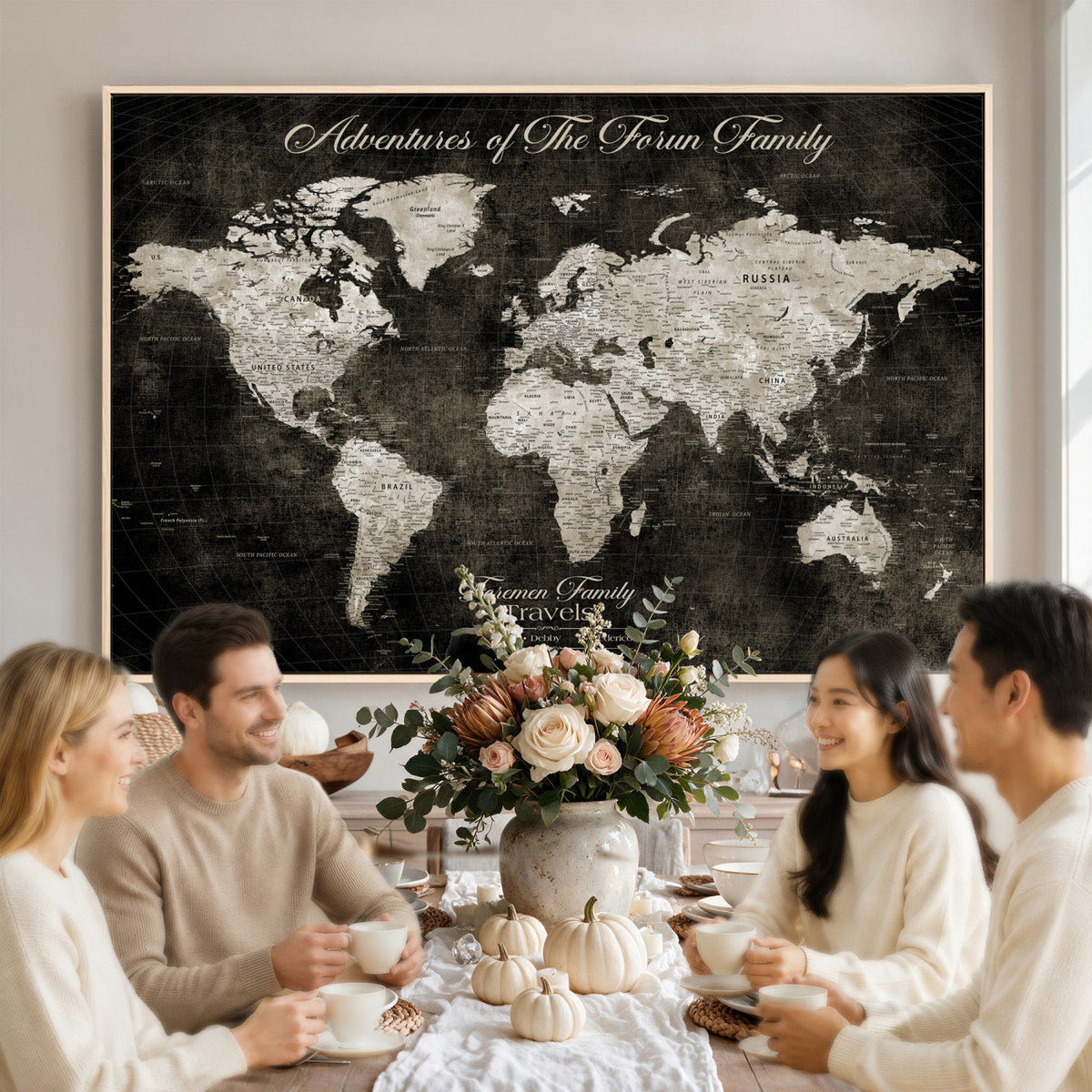 Personalized Framed Beige Push Pin World Map Canvas Print, Couples Countries Visited Map, Dining Room and Study Decor