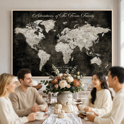 Personalized Framed Beige Push Pin World Map Canvas Print, Couples Countries Visited Map, Dining Room and Study Decor