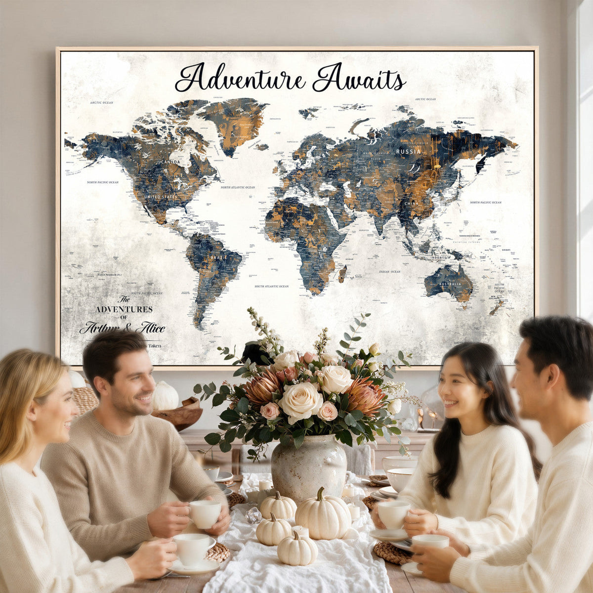 Custom Framed Beige Geometric World Travel Map Wall Art with Pins, Places Visited Tracker, Family Room and Home Office Decor