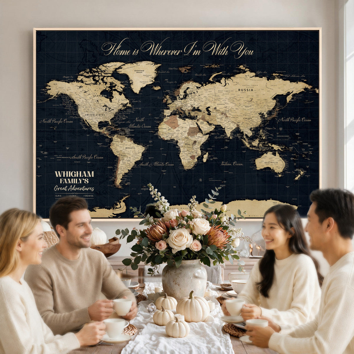Personalized Framed Beige Geometric Push Pin World Map Wall Art, Couples Countries Visited Map, Bedroom and Hallway Decor