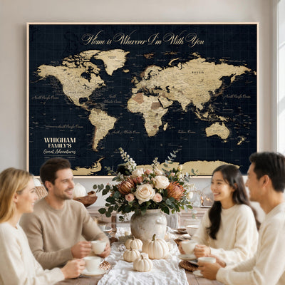 Personalized Framed Beige Geometric Push Pin World Map Wall Art, Couples Countries Visited Map, Bedroom and Hallway Decor