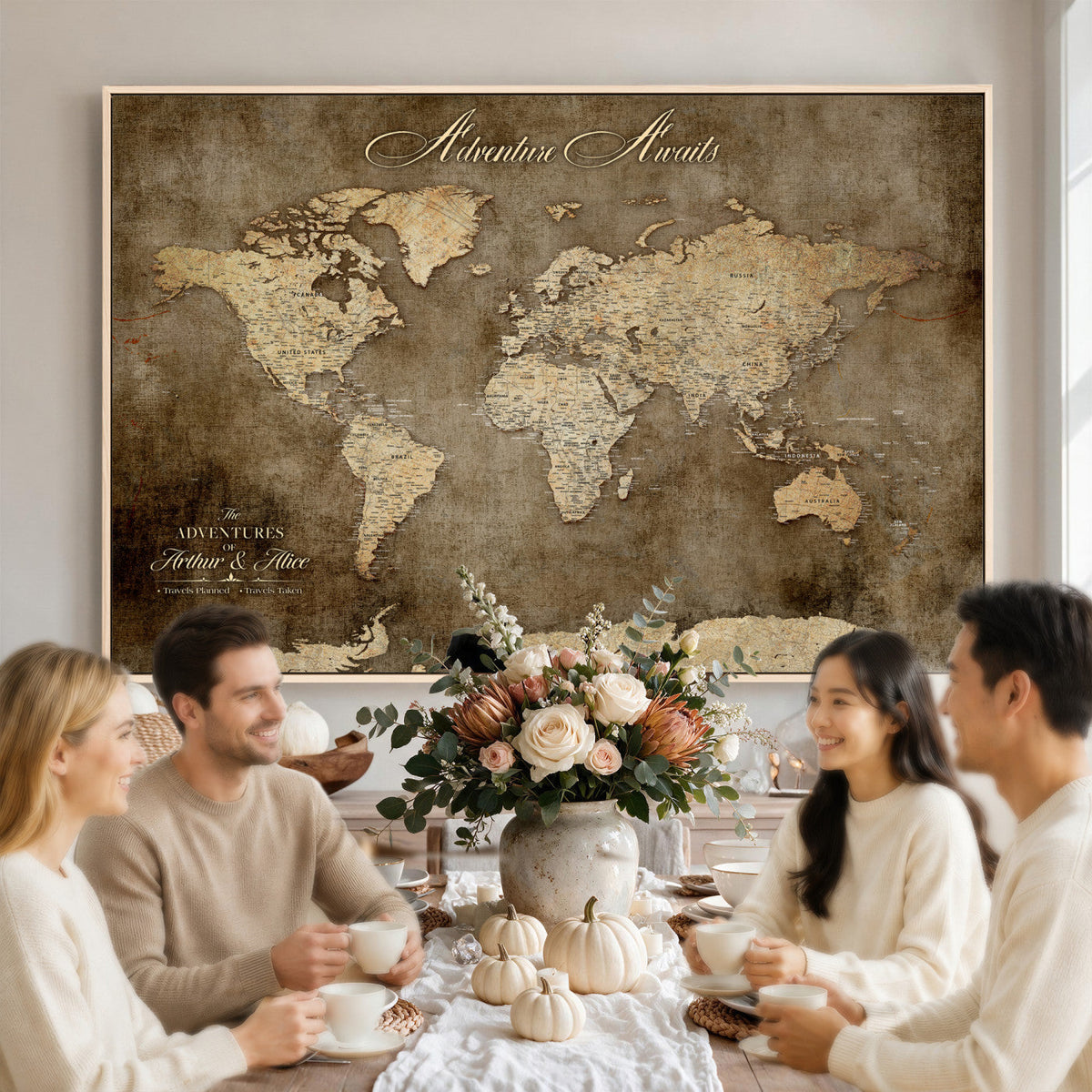 Personalized Framed Beige Push Pin Travel Map Canvas Print, Bucket List Map, Bedroom and Study Decor