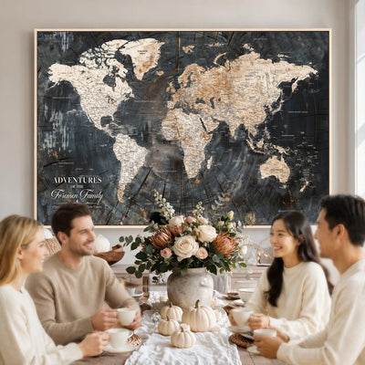 Personalized Framed Beige Push Pin World Map Canvas Print, Bucket List Map, Living Room and Hallway Decor