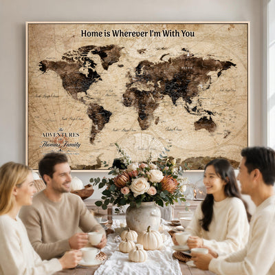 Personalized Framed Beige Modern World Travel Map Wall Art with Pins, Family Adventure Map, Living Room and Hallway Decor