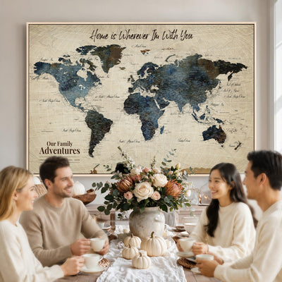 Personalized Framed Black Modern Push Pin Travel Map Canvas Print, Family Travel Tracker, Home Office and Entryway Decor