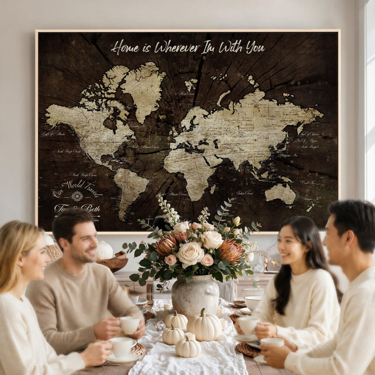 Personalized Watercolor Push Pin World Map Canvas Wall Art, Custom Framed Travel Map - NEWMAP-094