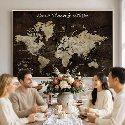 Personalized Watercolor Push Pin World Map Canvas Wall Art, Custom Framed Travel Map - NEWMAP-094