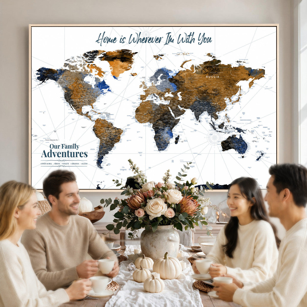 Personalized Framed Beige Modern Push Pin World Map Wall Art, Next Trip Planner Map, Family Room and Home Office Decor