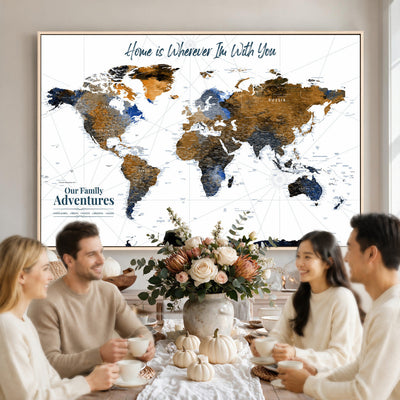 Personalized Framed Beige Modern Push Pin World Map Wall Art, Next Trip Planner Map, Family Room and Home Office Decor