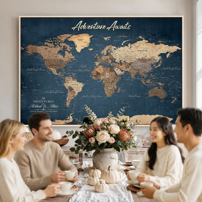 Personalized White Vintage World Travel Map Wall Art with Pins, Next Trip Planner Map, Family Room and Dining Room Decor