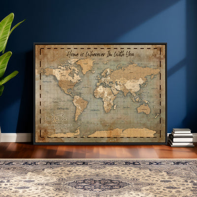 97123877-MGV-CV-36X24 - Vintage Custom Push Pin World Map Print - Vintage Travel Map Canvas, Personalized Names Anniversary Gift, Places Visited Pin Board