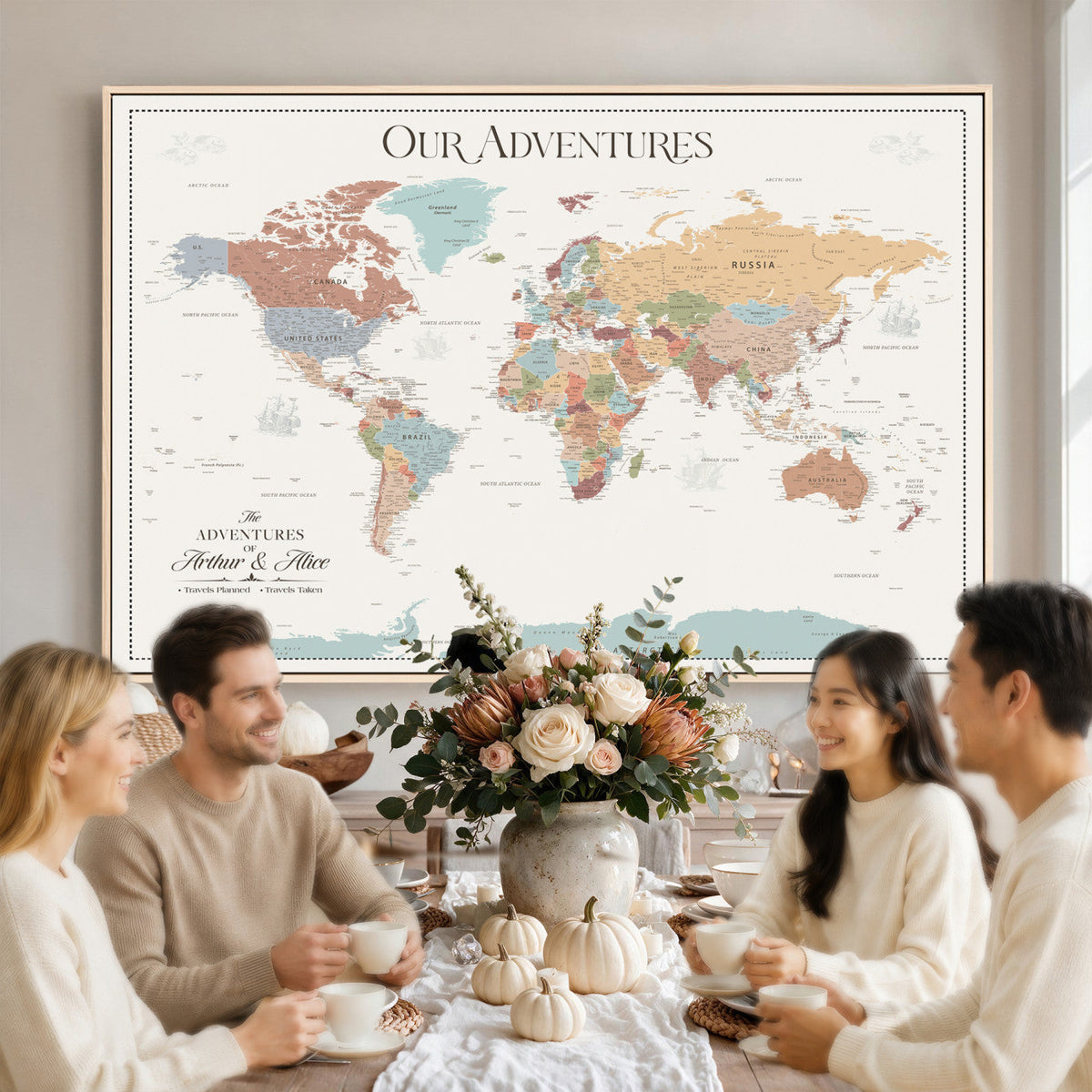 Personalized Framed Navy Push Pin World Map Canvas Print, Next Trip Planner Map, Living Room and Entryway Decor