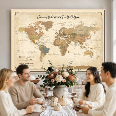 40086165-MGV-TP-30X20 - Framed Vintage Custom Push Pin World Map Canvas Print | Personalized Travel Map Wall Art