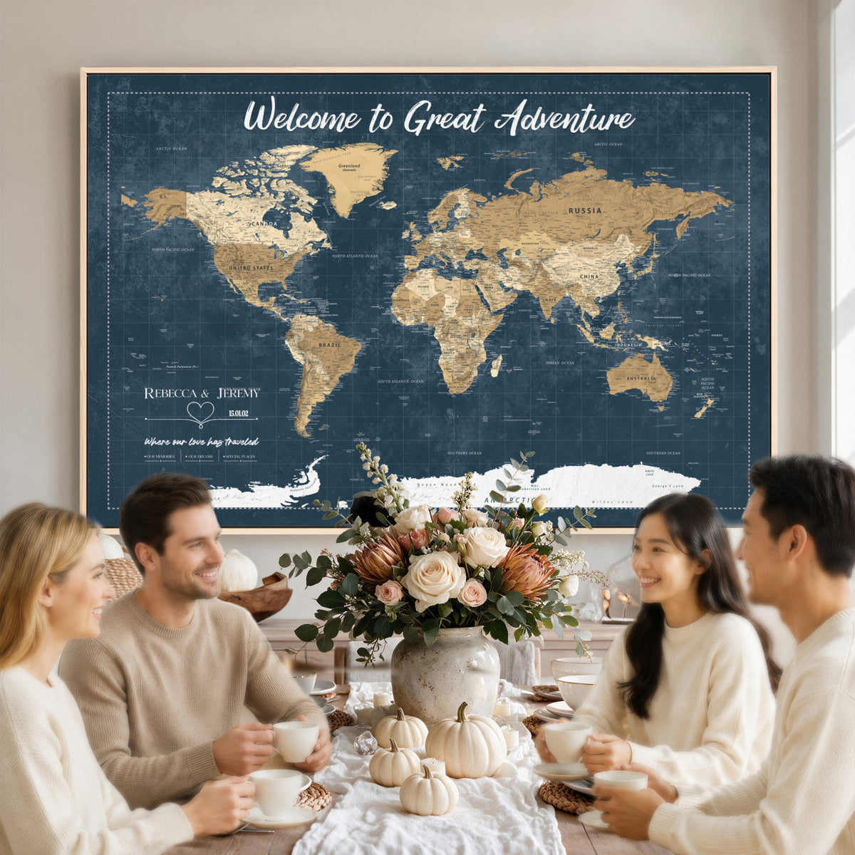 57167164-MGV-CV-36X24 - Custom Push Pin Travel Map Canvas Print, Cream Personalized Travel Tracker Map, Anniversary Gift, Vintage World Map Wall Art