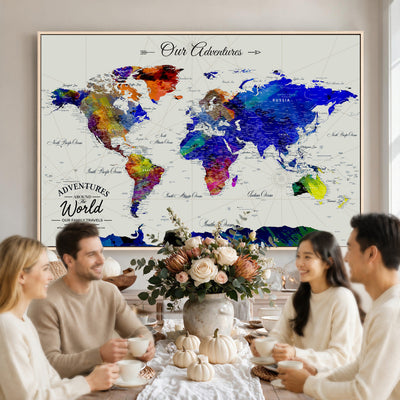 88162438-MGV-CV-36X24 - Our Family Adventures Push Pin World Map Wall Art Canvas Print | Family Travel Tracker Map with Pins