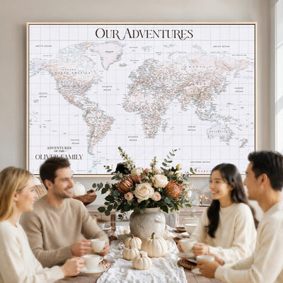 18074626D3DD-MGV-CV-36X24 - Extra Large Framed Personalized Push Pin World Map Wall Art Canvas Print for Travel Tracking