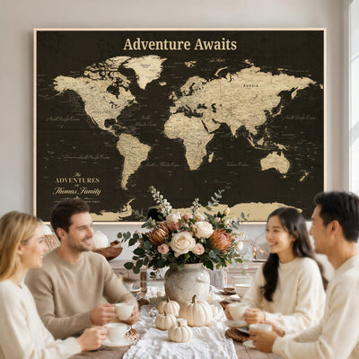 Custom Beige Modern World Travel Map Wall Art with Pins, Family Travel Tracker, Dining Room and Entryway Decor