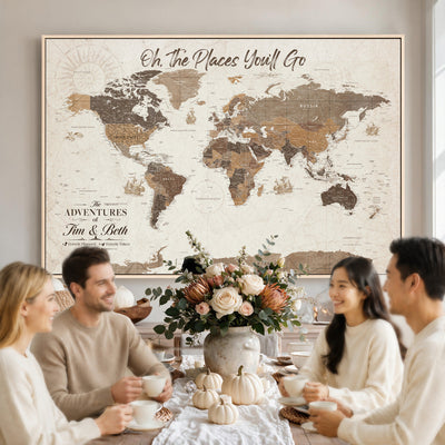 Personalized Beige Geometric Family Push Pin World Map Canvas Print, Honeymoon and Anniversary Gift, Living Room and Study Decor