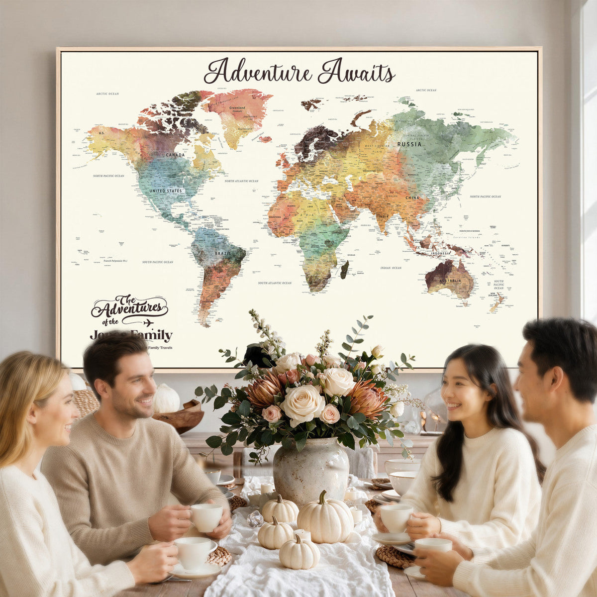 Personalized Framed Beige Modern Push Pin Travel Map Canvas Print, Family Travel Tracker, Bedroom and Home Office Decor