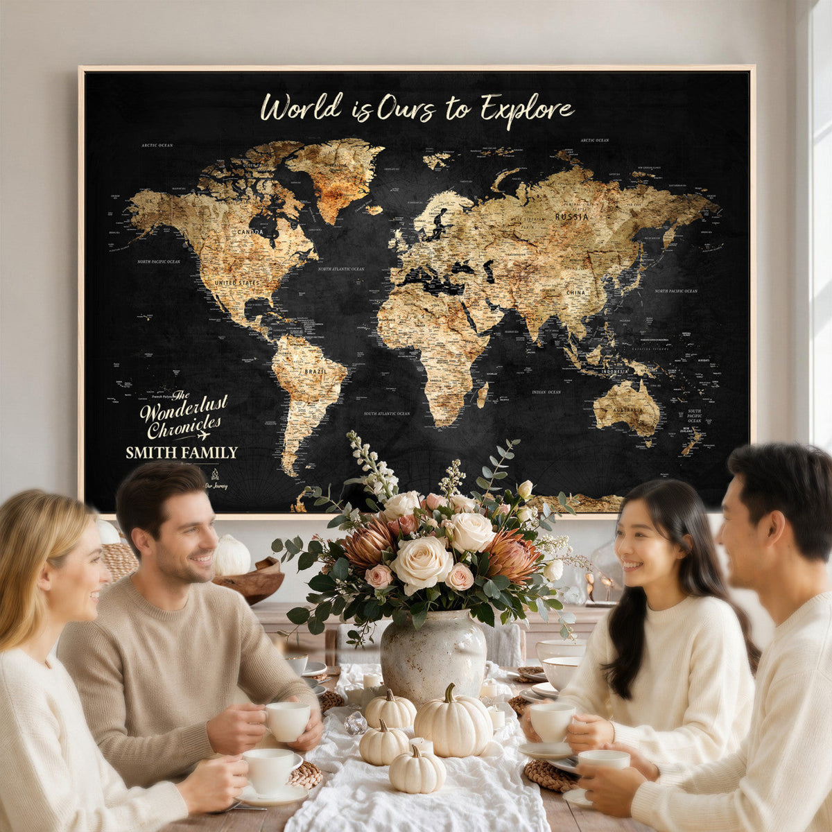Personalized Beige Push Pin Travel Map Canvas Print, Family Travel Tracker, Bedroom and Entryway Decor