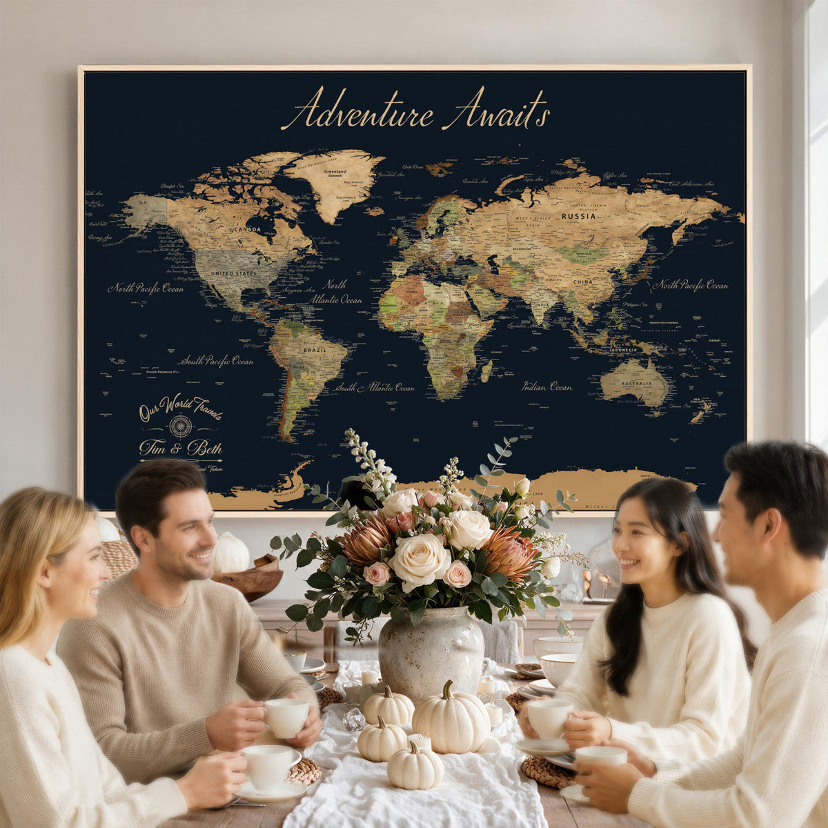 Custom Beige Push Pin World Map Wall Art, Family Travel Tracker, Home Office and Study Decor