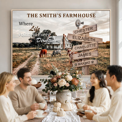 Personalized Farmhouse Family Signpost Canvas, Custom Name Wall Art