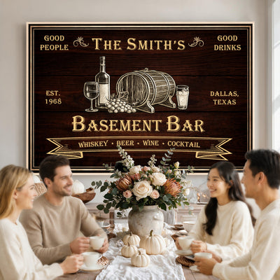 Custom Basement Bar Sign Canvas, Personalized Family Home Bar Wall Art