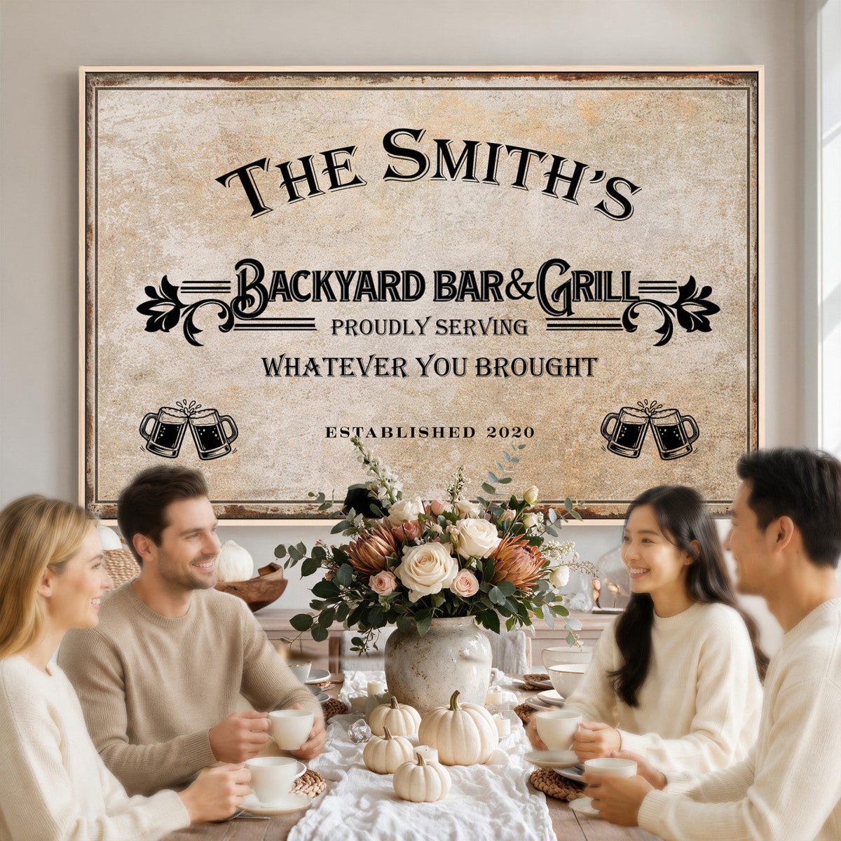 Custom Backyard Bar & Grill Sign, Personalized Family Name Arch Canvas