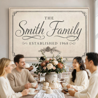 Family name sign with script lettering on the wall