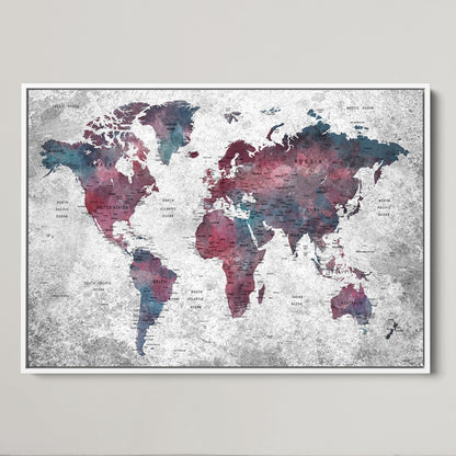 Push Pin World Map Canvas Print – Framed Wall Art for Couples to Track Their Travels – Anniversary Gift or Home Adventure Decor