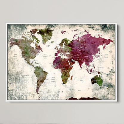 Push Pin World Map Canvas Print – Framed Wall Art for Couples to Track Their Travels – Anniversary Gift or Home Adventure Decor
