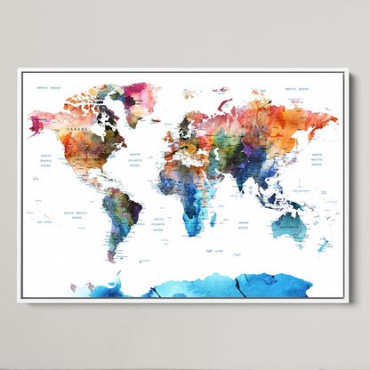 Push Pin World Map Canvas Print – Framed Wall Art for Couples to Track Their Travels – Anniversary Gift or Home Adventure Decor