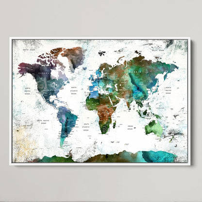 Push Pin World Map Canvas Print – Framed Wall Art for Couples to Track Their Travels – Anniversary Gift or Home Adventure Decor