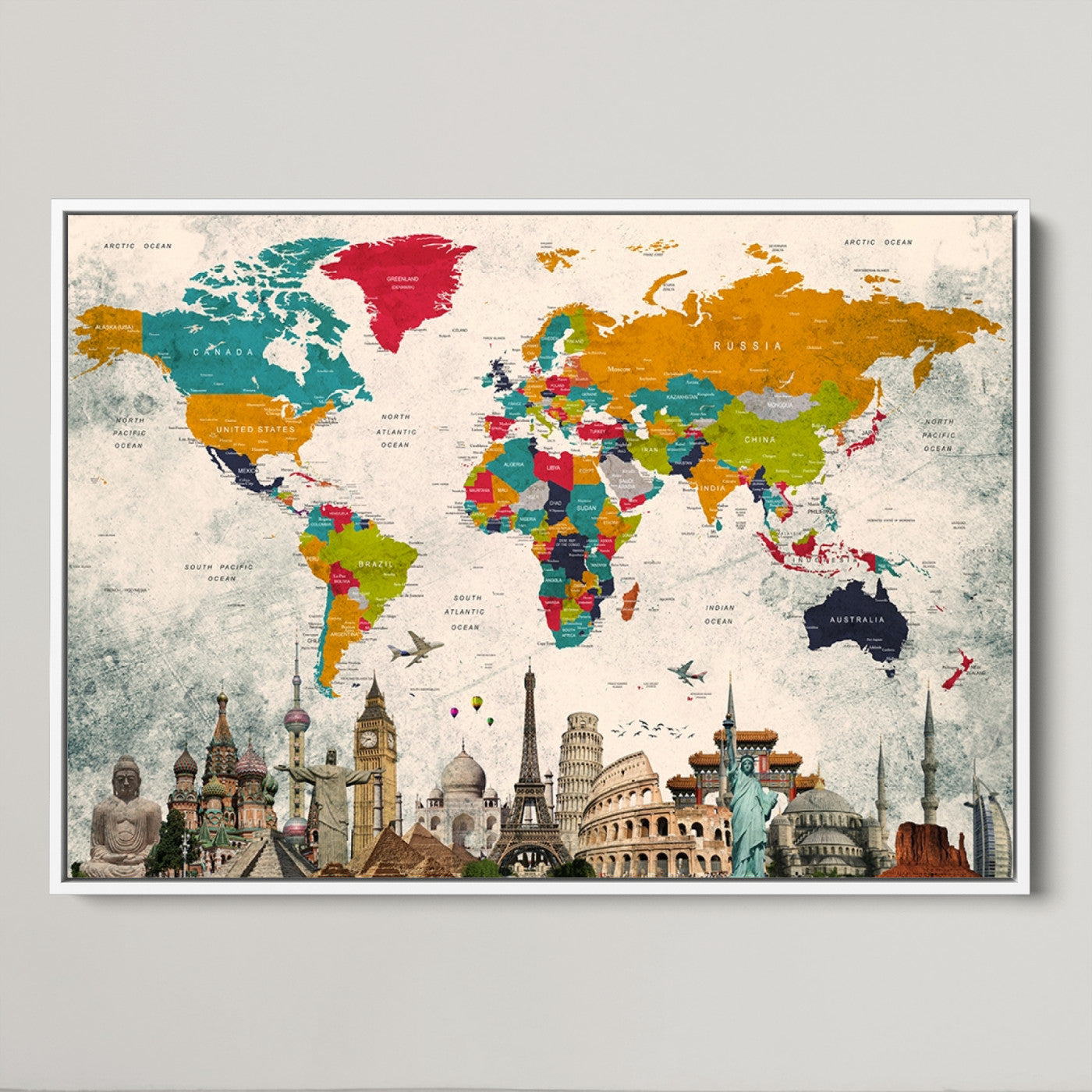 Push Pin World Map Canvas Print – Framed Wall Art for Couples to Track Their Travels – Anniversary Gift or Home Adventure Decor