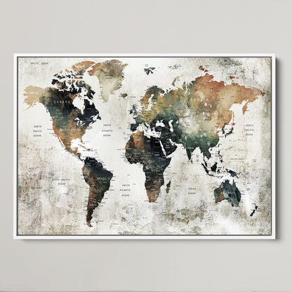 Push Pin World Map Canvas Print – Framed Wall Art for Couples to Track Their Travels – Anniversary Gift or Home Adventure Decor