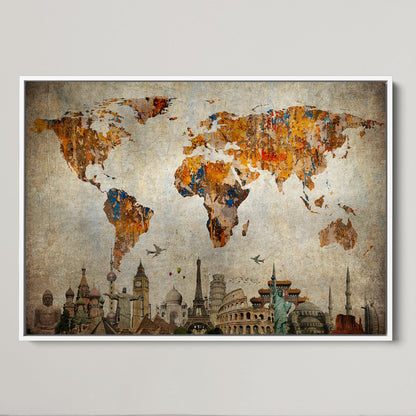 Push Pin World Map Canvas Print – Framed Wall Art for Couples to Track Their Travels – Anniversary Gift or Home Adventure Decor