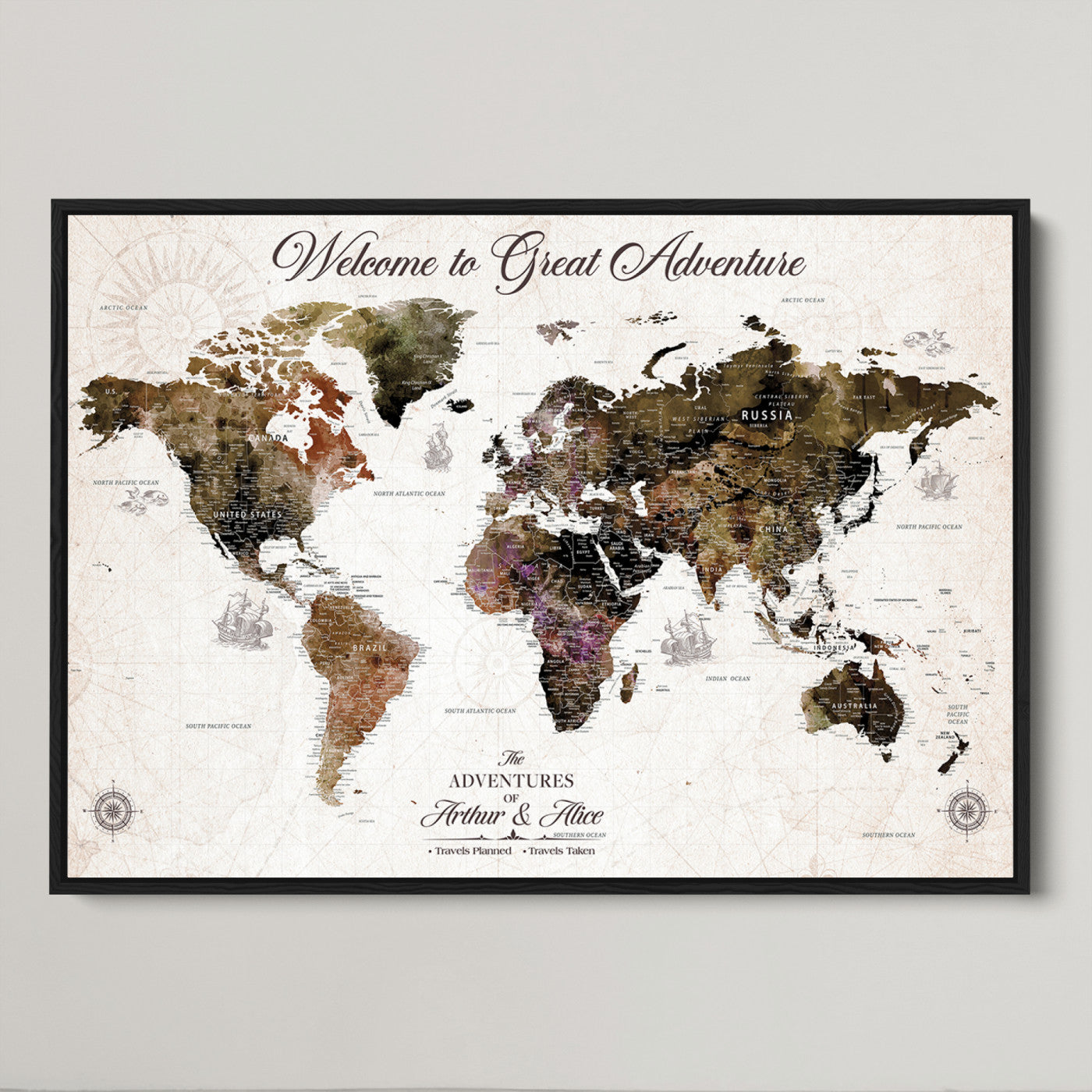 35778202-MGV-CV-36X24-Custom Push Pin World Map Wall Canvas Print – Personalized Travel Map with Pins – Framed Large Canvas for Home Office Decor