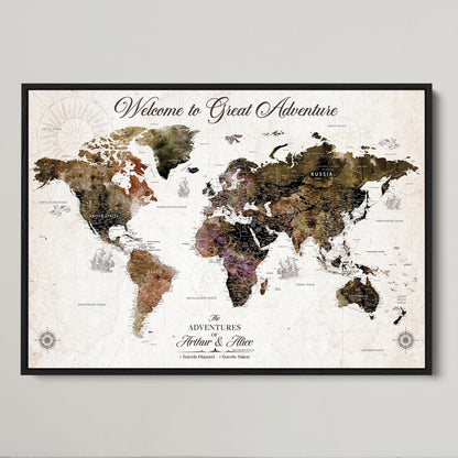 35778202-MGV-CV-36X24-Custom Push Pin World Map Wall Canvas Print – Personalized Travel Map with Pins – Framed Large Canvas for Home Office Decor