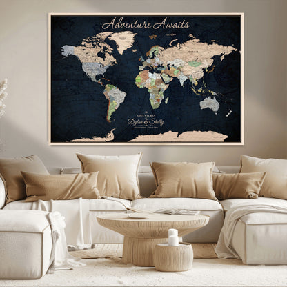 43186793-MGV-CV-30X20-Personalized World Map Print, Customizable Push Pin Framed World Map Print on Canvas - Custom Quote on Map Print