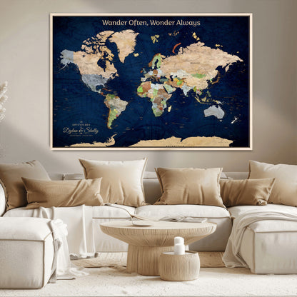 12399561-MGV-CV-30X20-Personalized World Map Print, Customizable Push Pin Framed World Map Print on Canvas - Custom Quote on Map Print