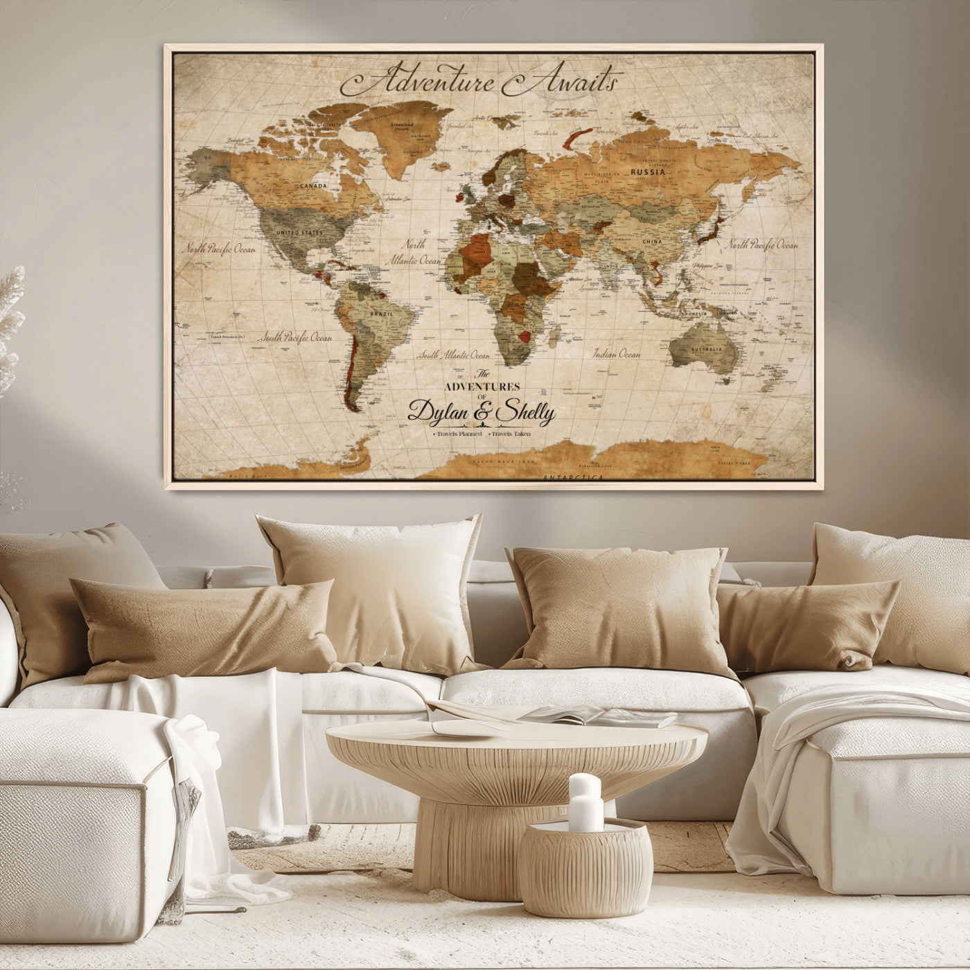 20810820-MGV-CV-30X20-Personalized World Map Print, Customizable Push Pin Framed World Map Print on Canvas - Custom Quote on Map Print