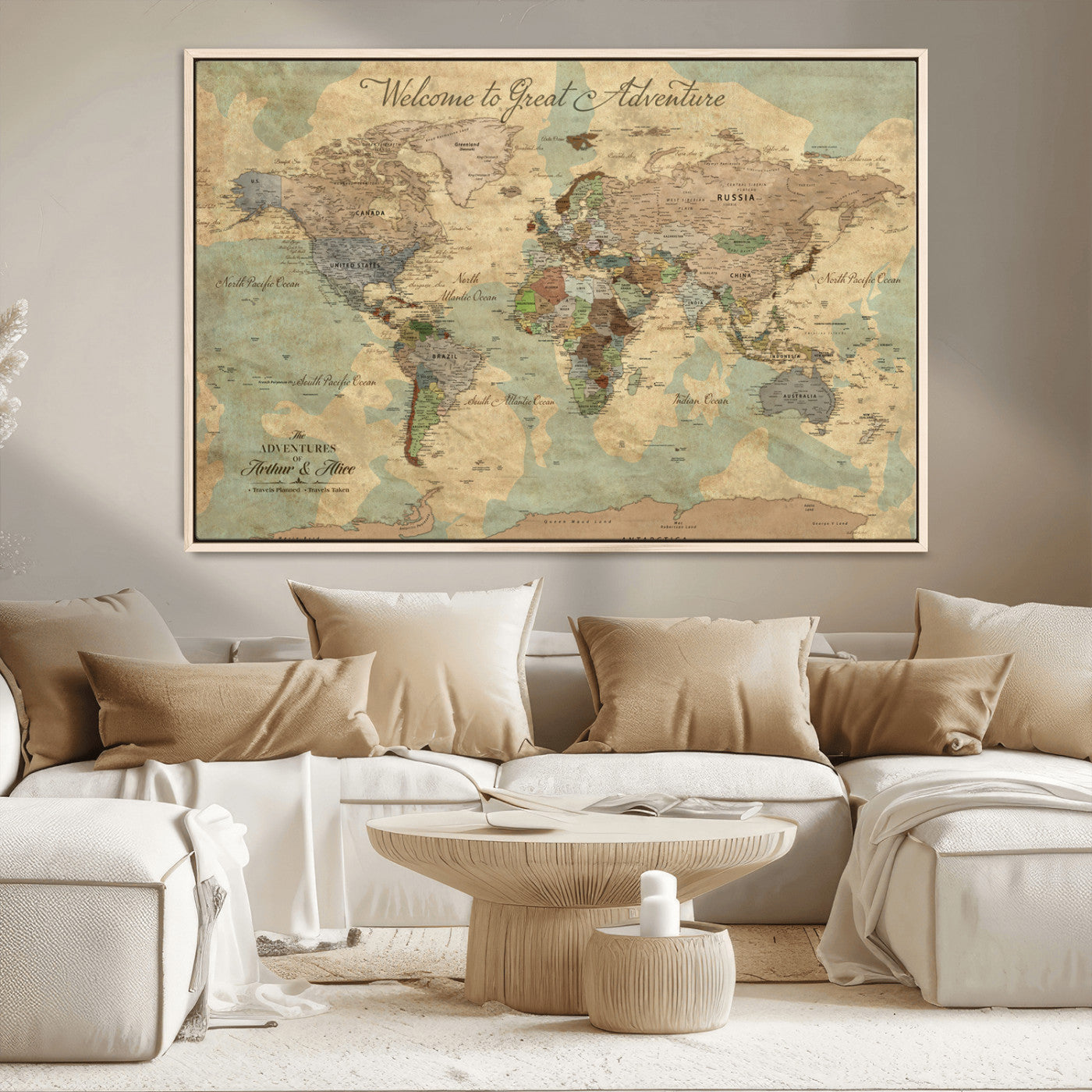 17693651-MGV-CV-36X24-Custom Push Pin World Map Wall Canvas Print – Personalized Travel Tracker with Pins – Framed Custom Quotie Canvas for Home Office Decor Art Print