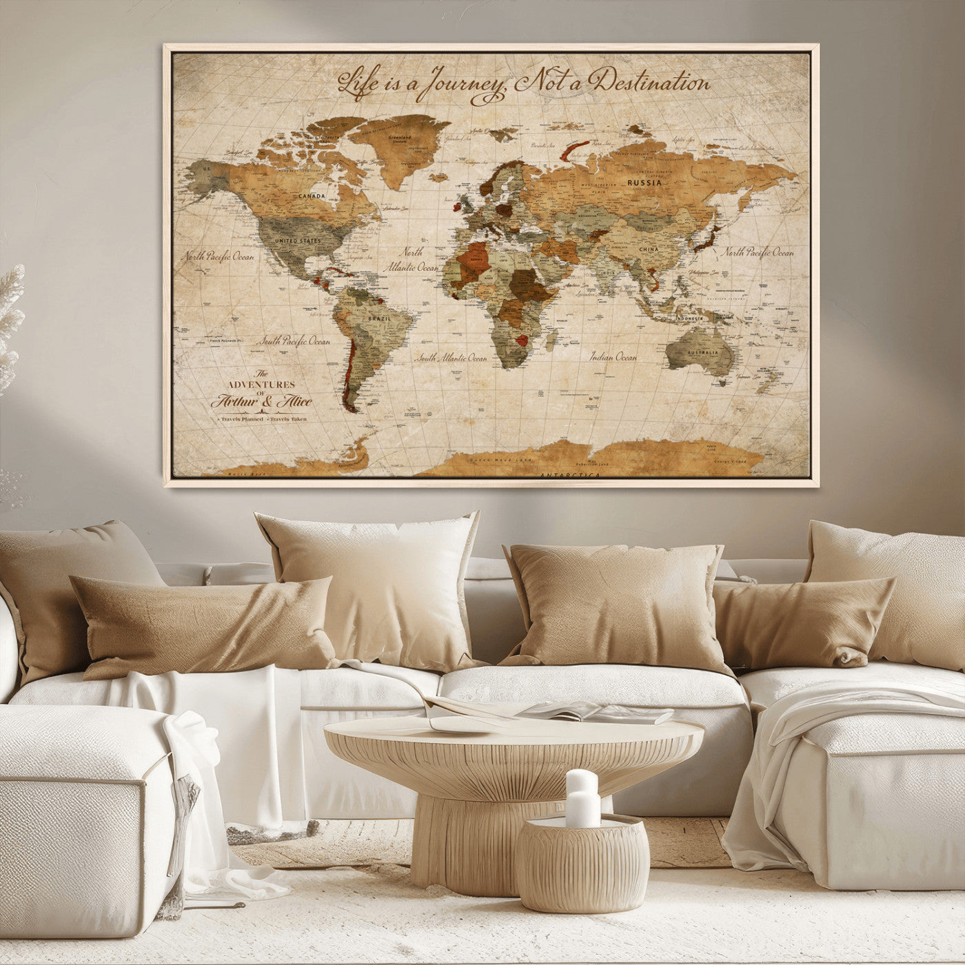 79036691-MGV-CV-30X20-Custom Push Pin World Map Wall Canvas Print – Personalized Travel Tracker with Pins – Framed Custom Quotie Canvas for Home Office Decor