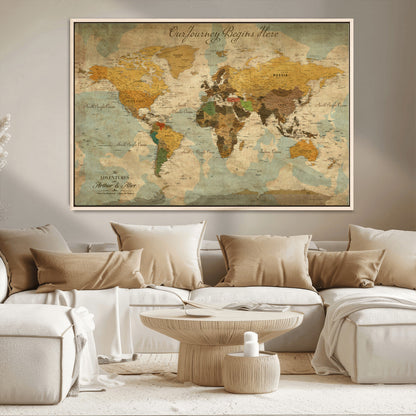 40572820-MGV-CV-36X24-Custom Push Pin World Map Wall Canvas Print – Personalized Travel Tracker with Pins – Framed Custom Quotie Canvas for Home Office Decor