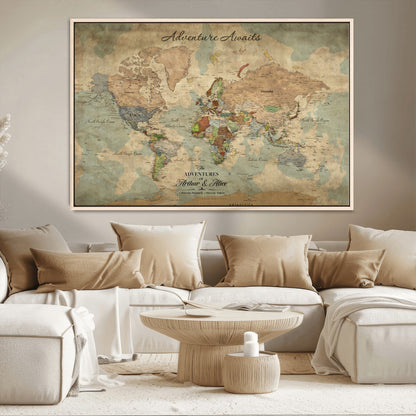 60798273-MGV-CV-30X20-Custom Push Pin World Map Wall Canvas Print – Personalized Travel Tracker with Pins – Framed Custom Quotie Canvas for Home Office Decor