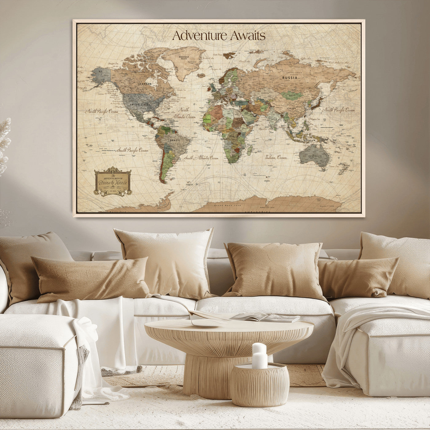 33020399-MGV-CV-30X20-Custom Push Pin World Map Wall Canvas Print – Personalized Travel Tracker with Pins – Framed Custom Quotie Canvas for Home Office Decor