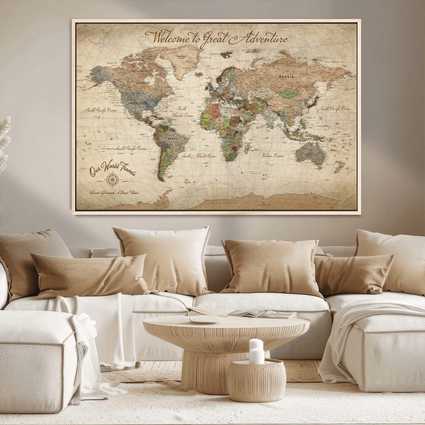 76478536-MGV-CV-30X20-Custom Push Pin World Map Wall Canvas Print – Personalized Travel Tracker with Pins – Framed Custom Quotie Canvas for Home Office Decor