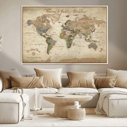 76478536-MGV-CV-30X20-Custom Push Pin World Map Wall Canvas Print – Personalized Travel Tracker with Pins – Framed Custom Quotie Canvas for Home Office Decor